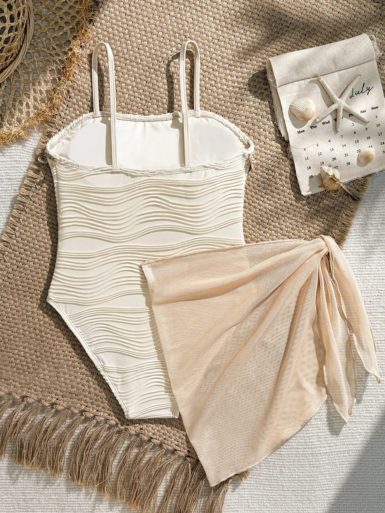 Kids Girls 2-Piece Seashell Starfish Decor Wavy Textured One Piece Swimsuit & Sheer Beach Sarong Cover Up Set