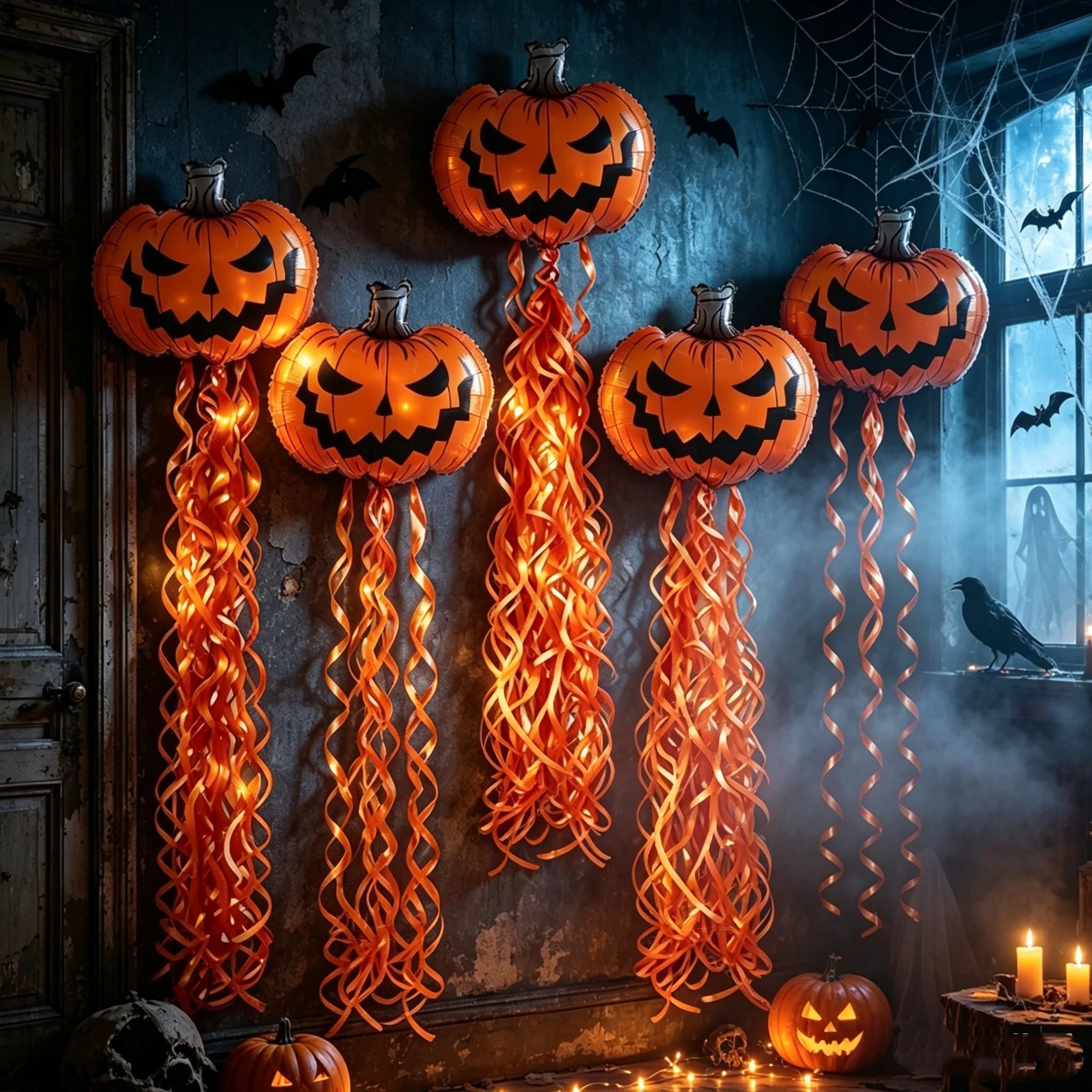7 Pieces--Halloween Decoration Supplies, Scary Pumpkin Balloons and Spiral Tassel Rain Curtain Set, with Adhesive Dots, Suitable for Halloween Parties, Trick-Or-Treating, Birthday Parties, and Horror Celebration Backdrop Deco