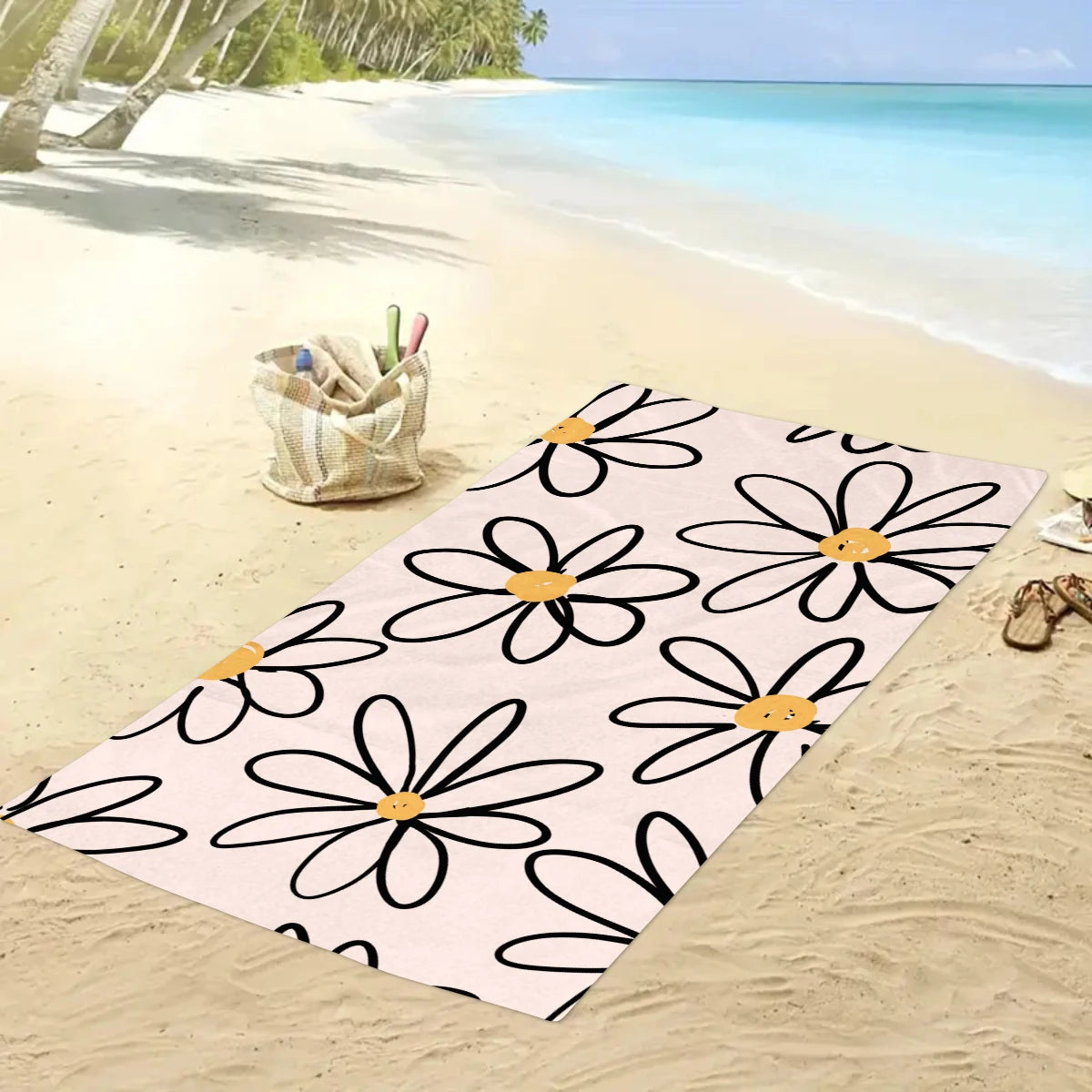 1pc Bohemian Large Beach Towel, Striped Flower Love Printed Bath Towel, Outdoor Swimming, Vacation, Camping Beach Towel