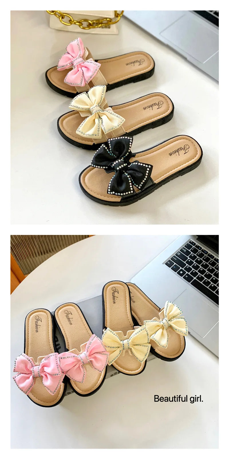 2026 New Bow Flats Open Toe Slide Sandals Non-slip Flip Flops Children Home Slippers Kids Girls Summer Cute Beach Slippers Shoe