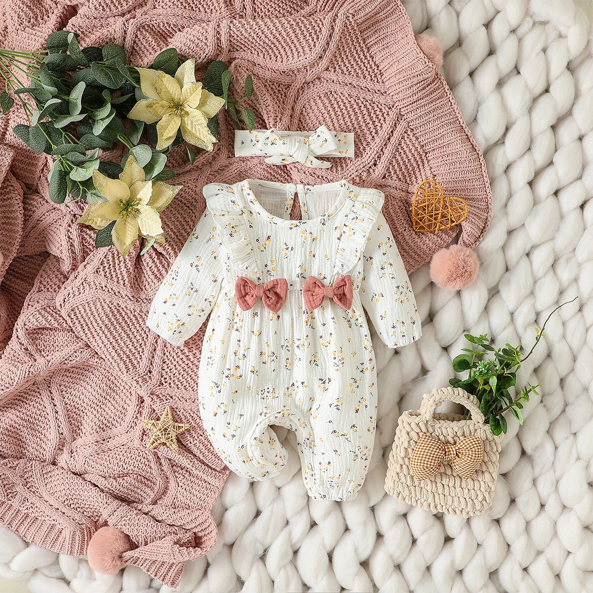 Baby Girls Summer Long Sleeve Printing Love With Bowknot  For Casual Daily Cotton Jumpsuit