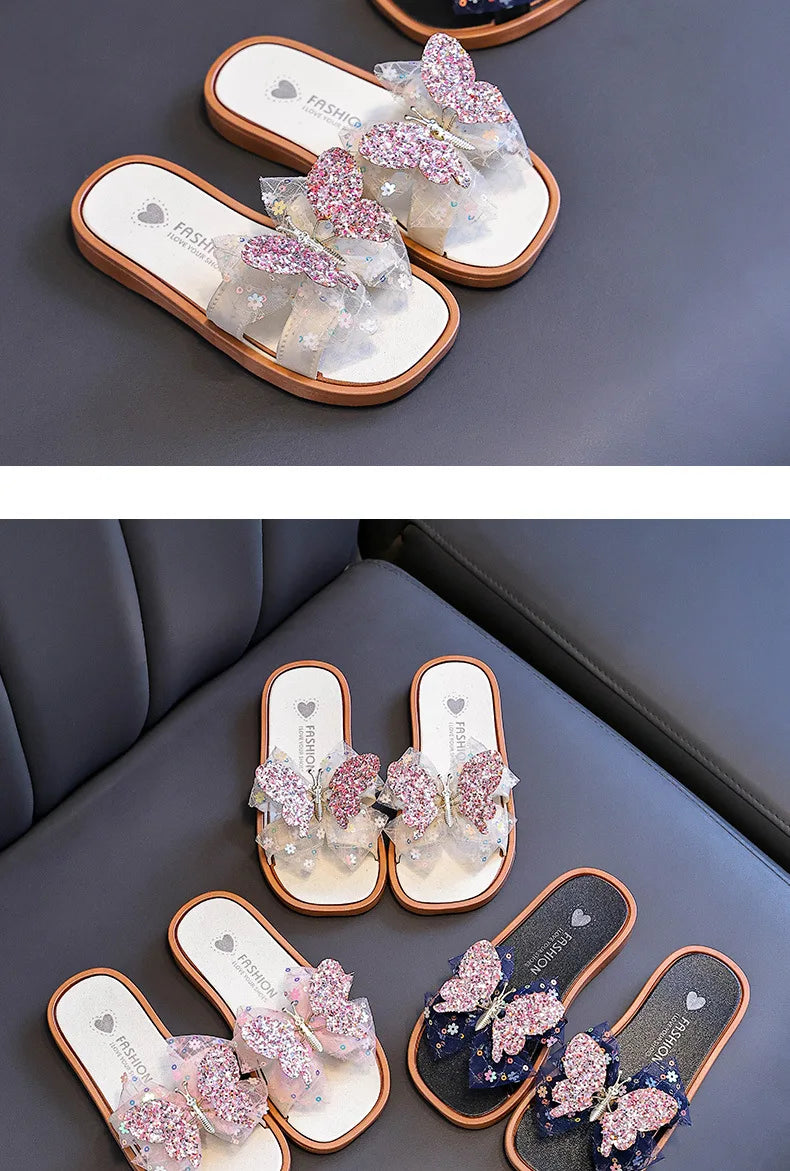 2026 Children's Summer Butterfly Knot Beach Sandals Plastic Slip-On Home Slippers Anti-Slip Beachwear Girls Flip Flops