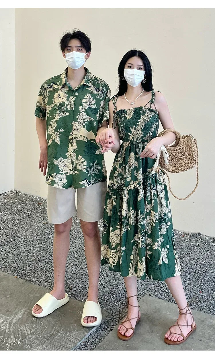 Holiday Family Matching Beach Clothes Couple Vacation Look Mom  Dress Resort Dad Son Print Shirts Outfits Daughter Smock Green