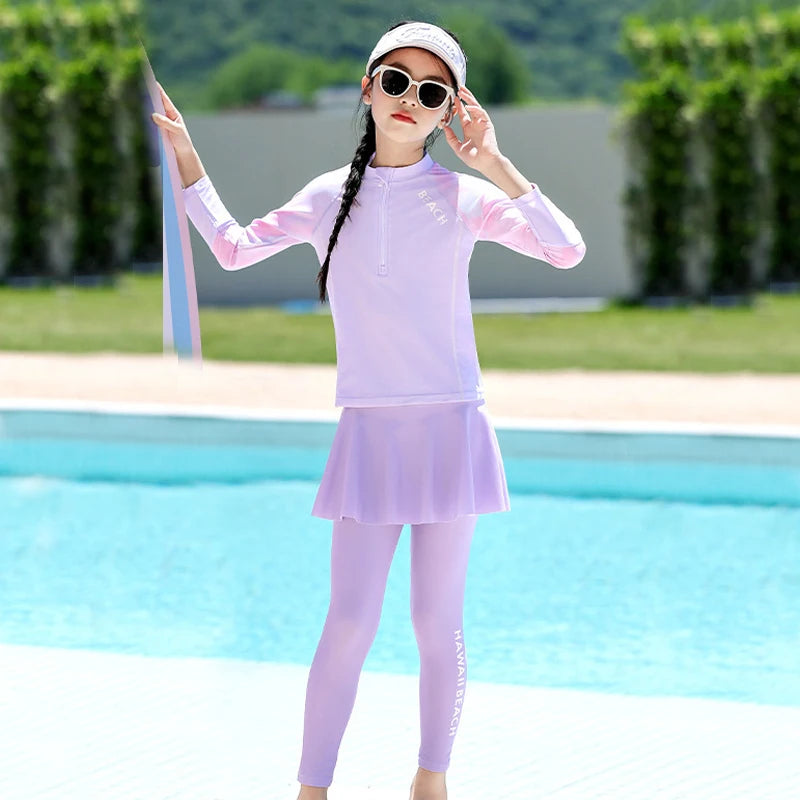Two Piece Long Sleeve Girls Swimwear With Skirt Burkini Swimsuit Kids Children Modest Swimming Suit Sun Protection Beachwear