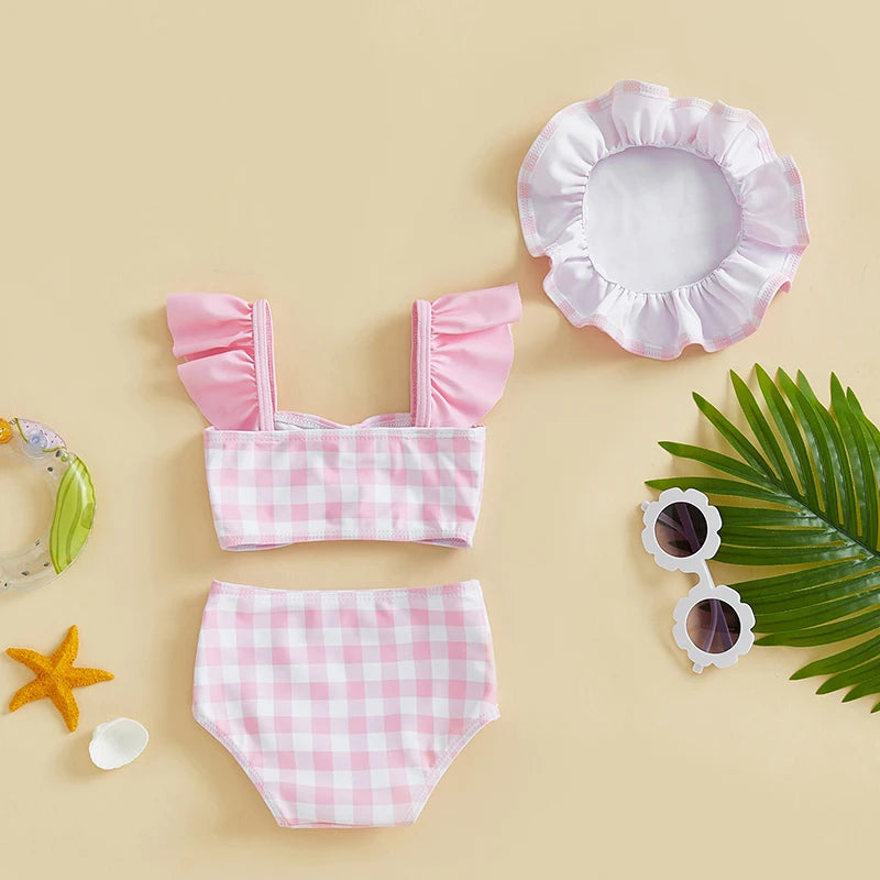0-3T Toddler Girl Bikini Set Swimsuit Plaid Print Flutter Sleeves Tank Tops with Shorts and Hat Bathing Suit 3 Pcs Beachwear