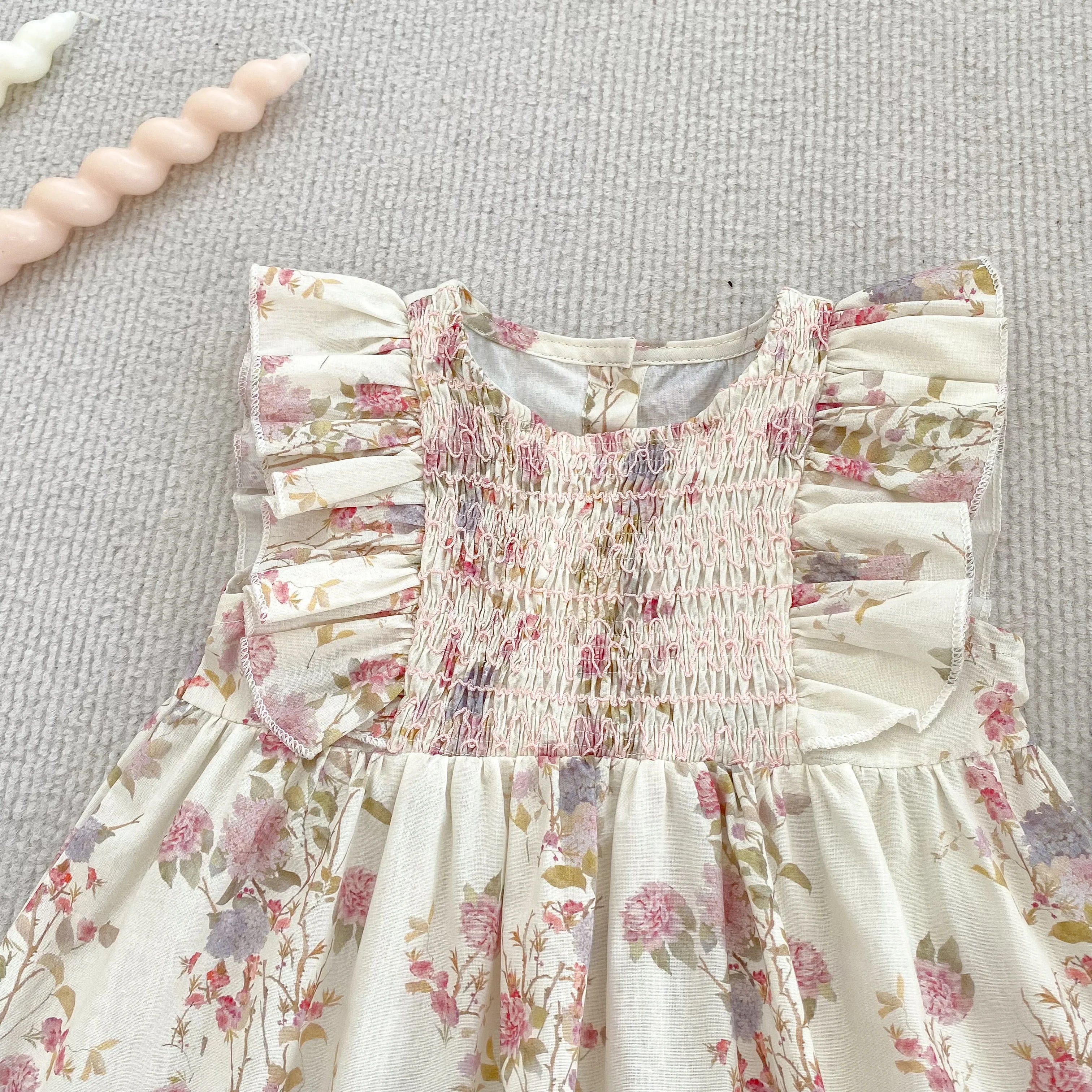 Girls Pink Floral Dress Ruffle Baby Romper Dress Summer Kids Short Sleeve Beach Dresses Toddler Bodysuit Sister Family Clothes