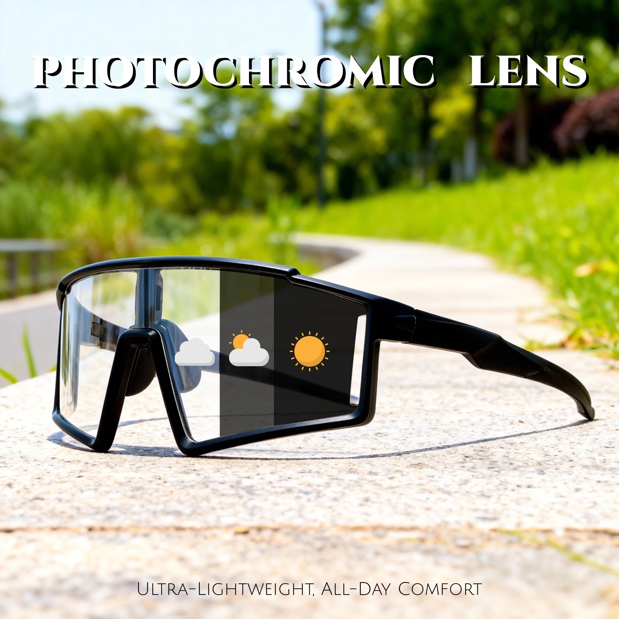 Photochromic One-Piece Sports Sunglasses - Oversized Wraparound Frame, UV400 Comfort Fit for Cycling, Fishing & Travel
