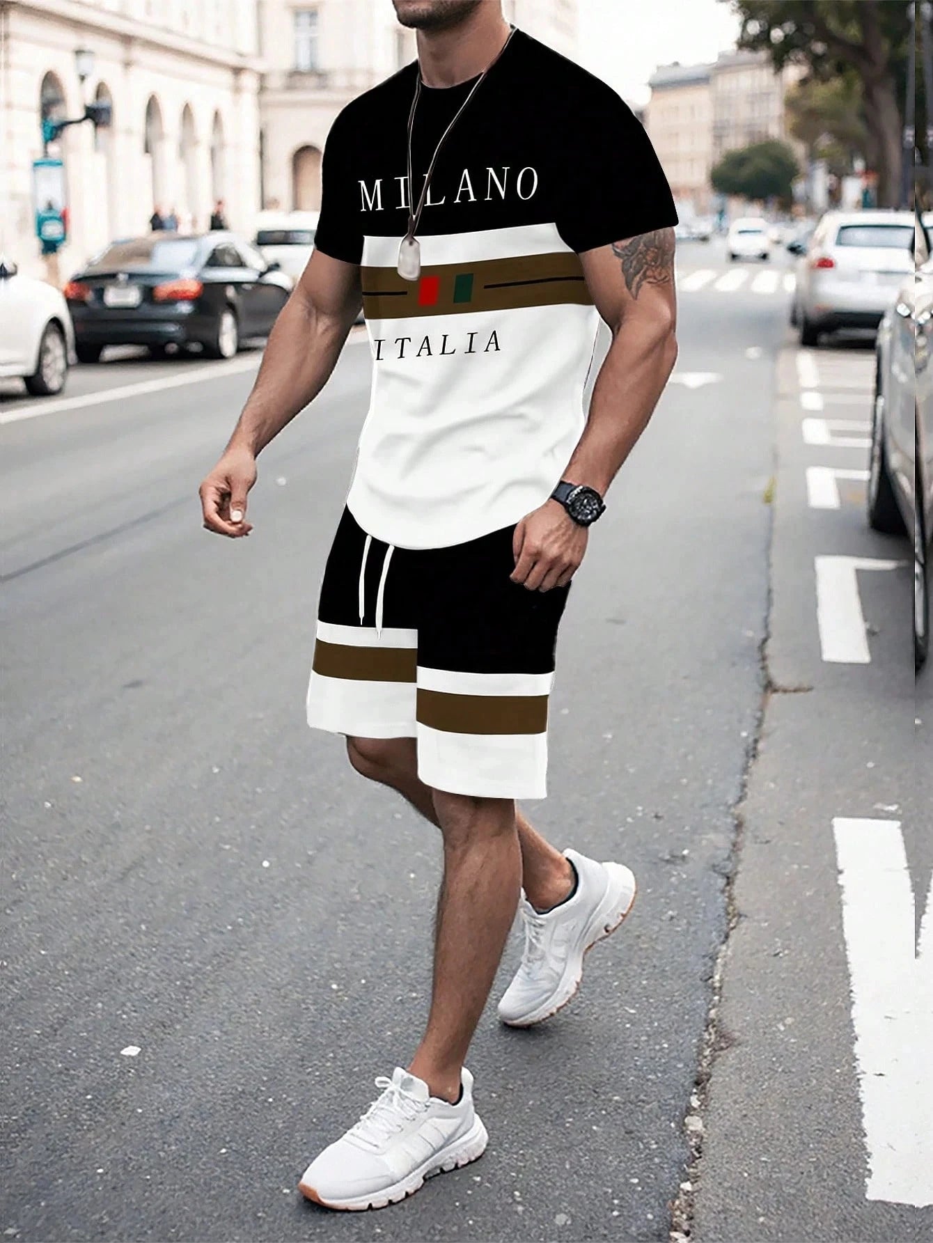Summer Men's Stripe Letter Print Short Sleeve Top Shorts 2 Pieces Set Oversized Loose Round Neck T-shirt Man Drawstring Shorts
