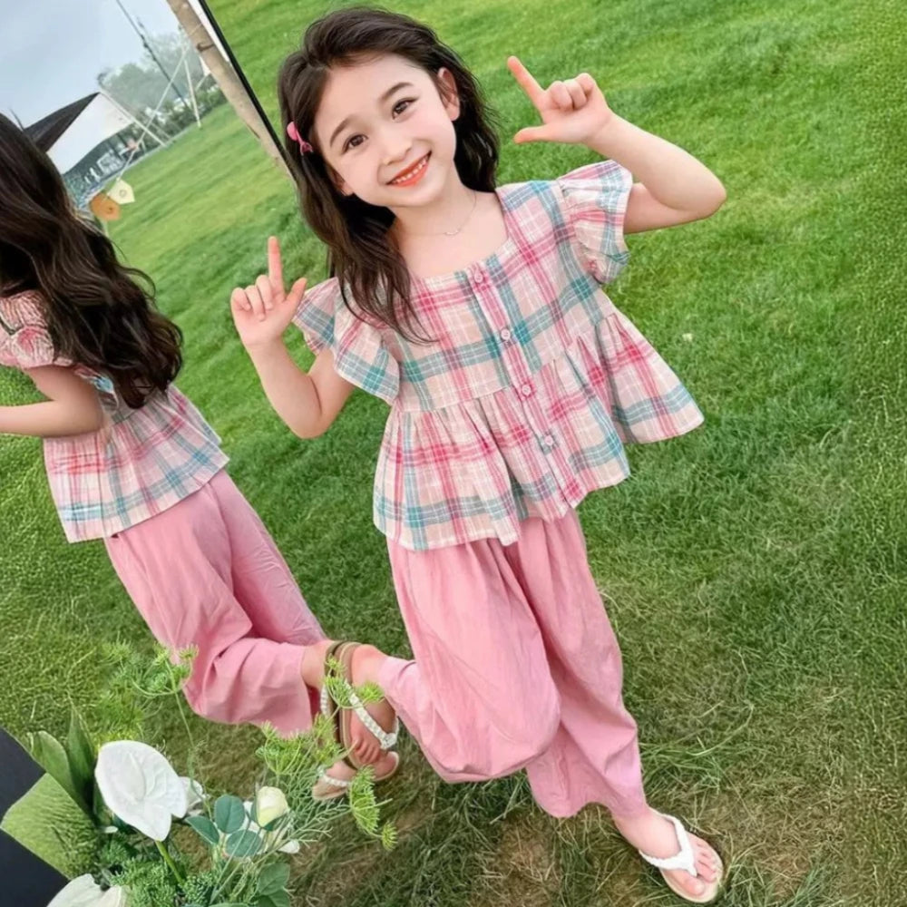 Summer Sweet and Casual 3-10-year-old Girls and Teenagers Pink Suit Square Collar Checkered Top+Wide Leg Pants Two Piece Set