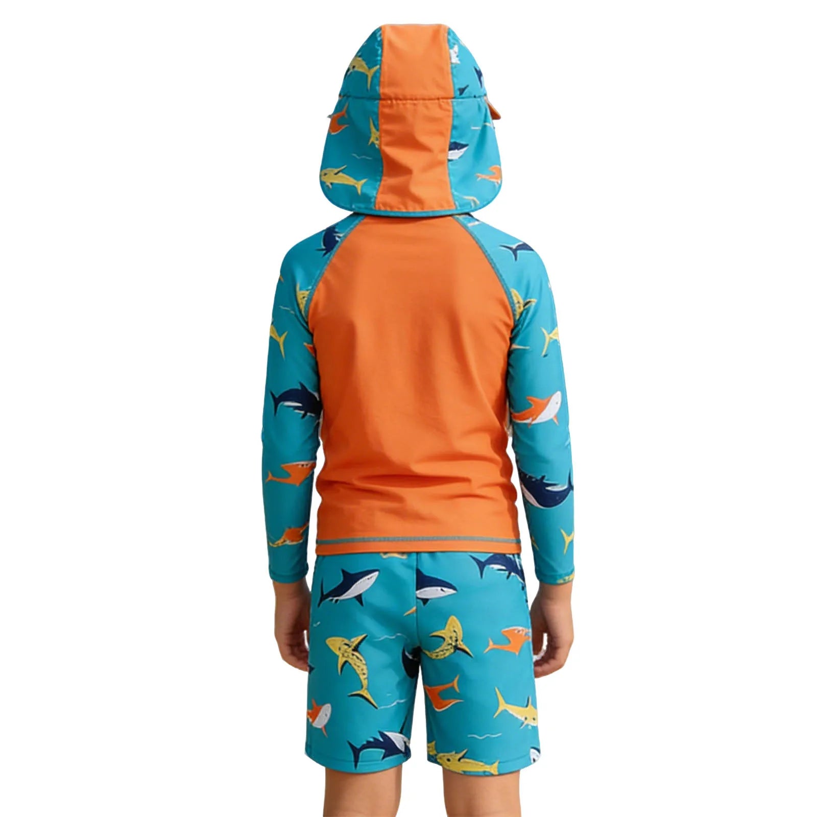 New Boys 3 Pieces Shark-patterned Swimwear Set Long Sleeve Top with Shorts Sunshade Cap Quick-dry Swimsuit Summer Bathing Suit