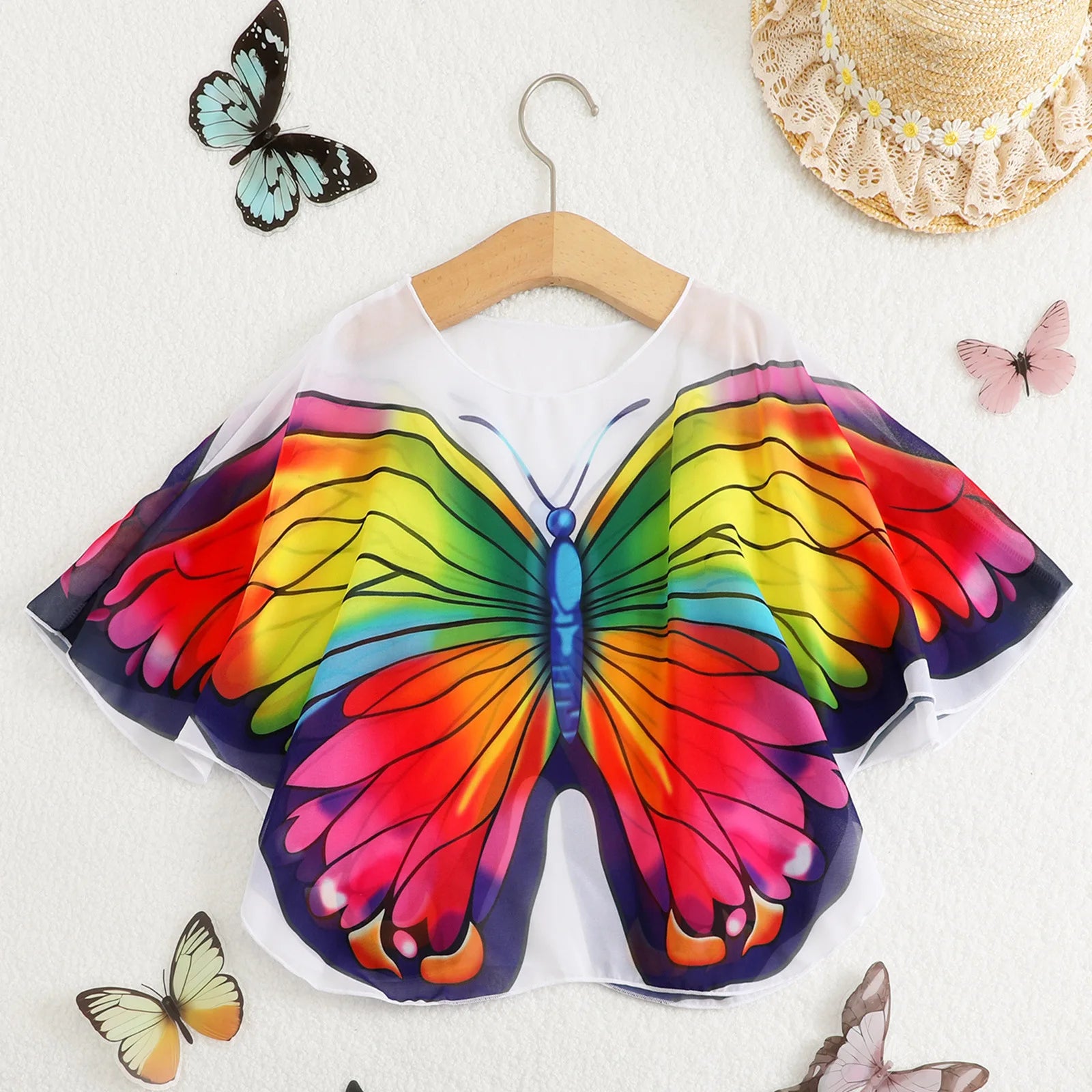 Kids Girls Butterfly Print Sunscreen Shirt Mesh Clothing for Beach Swimming Children's Swimwear Cover-Up Outerwear Single Piece