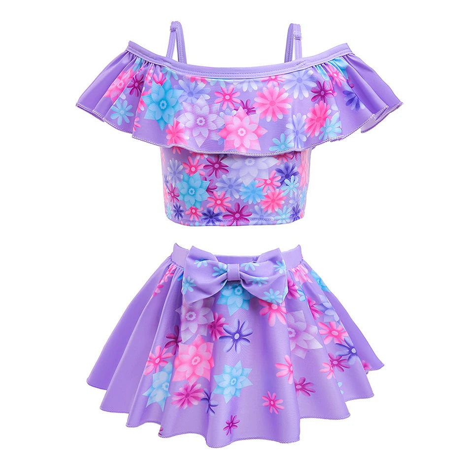 Encanto Cosplay Mirabel Isabela 2Pcs Tops Skirt Set Girls Dolores Luisa Pepa Bikini Swimwear Children Print Beachwear Costumes