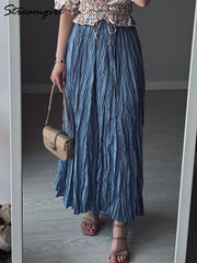 Streamgirl Women Summer Skirts Long Pleated A Line Elegant Solid Big Swing Maxi Skirt Ladies Blue White Beach Skirt Women Luxury