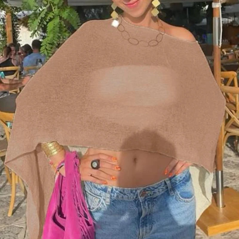 Boho Beach Vacation Cover-ups Irregular Knitted Crop Tops Y2k Aesthetic Vintage Smocked T-shirt Summer Going Out Pullovers Tees