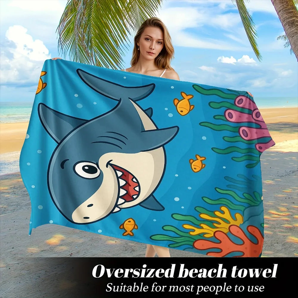 Cute Cartoon Shark Surfing Beach Towel Polyester Quick Dry Sand Free Swimming Bath Towel for Kid Boys Girls Summer Pool Vacation