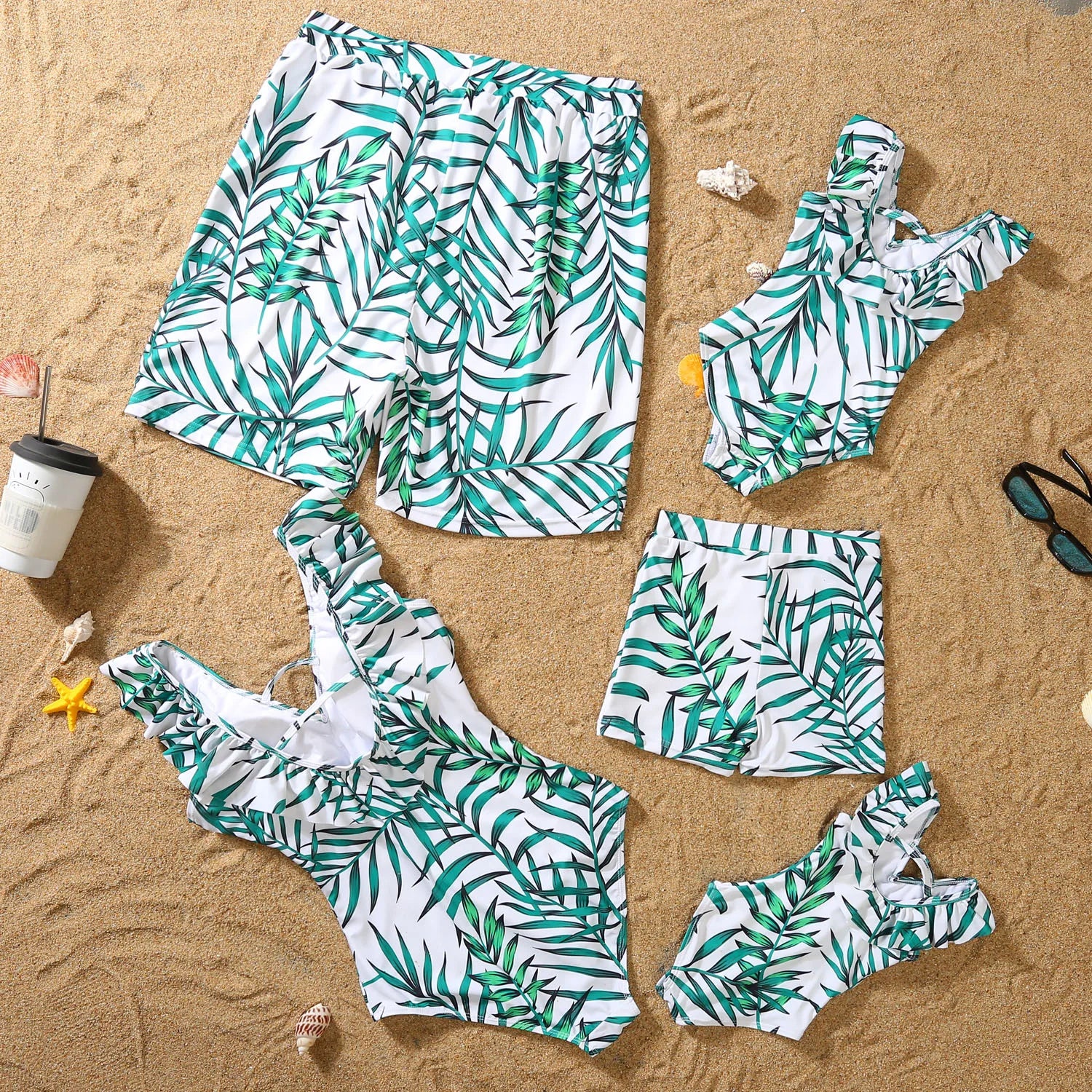New Family Matching Outfits Leaf Printed Matching Swimsuit Family Look Floral Full Print Multi-color One-piece Matching Swimwear