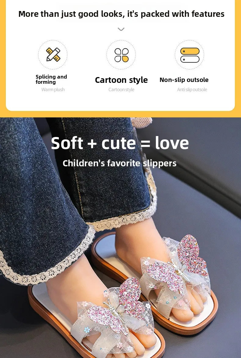 2026 Children's Summer Butterfly Knot Beach Sandals Plastic Slip-On Home Slippers Anti-Slip Beachwear Girls Flip Flops