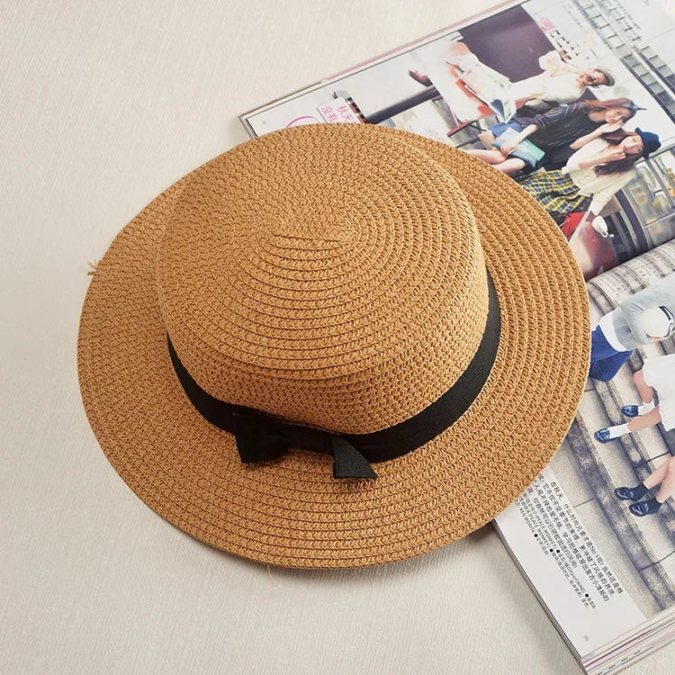 COKPanama Simple Summer Beach Sun Protection Bowknot French-style Small Hat Women's Casual Flat-Brimmed Straw Hat with Bow，Women