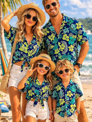 Hawaiian Children's Shirt Plant Flower Pattern Print Family Dress Blue Green Vacation Beach Parent Child Shirt Men's Sports Top