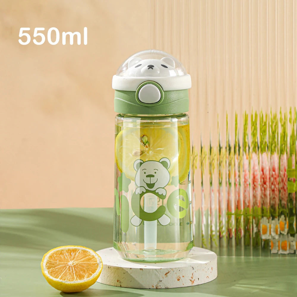 550ml Cartoon Animal Water Bottle Portable Safety Lock Cute Straw Cup Kids Leak-proof Drinking Jug For Outdoor Camping Travel