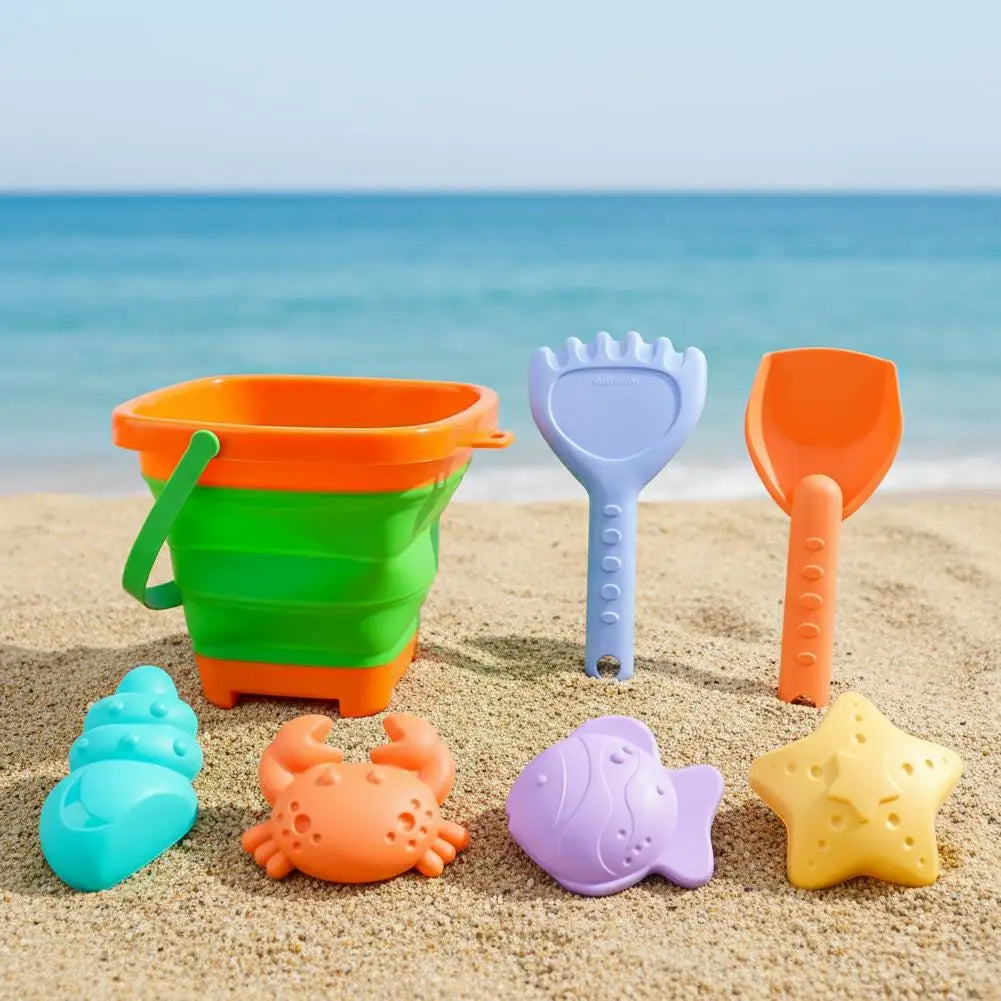Foldable Beach Sand Toys Set Collapsible Bucket with Shovel & Molds for Sand, Snow & Water Play Portable Beach Toys for Toddlers