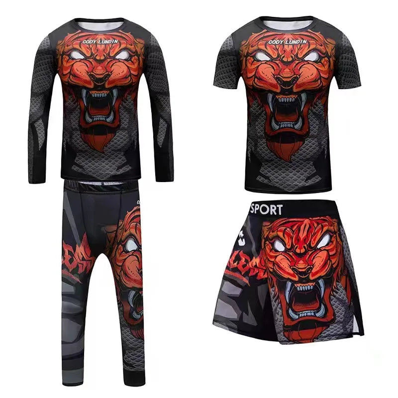 New Kids 4/pcs Sets Rashguard Jiu Jitsu MMA T-shirt+Pant For Children Muay Thai Shorts BJJ Tight Sportsuit MMA Boxing Fightwear