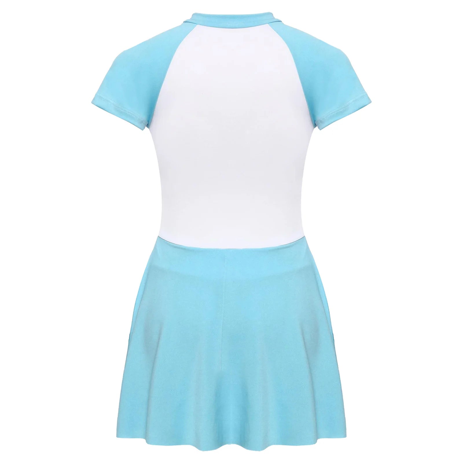 Fashion Girls One Piece Swim Dress Short Sleeve Color Block Swimsuit with Chest Pads Front Zipper And Safety Shorts Beachwear