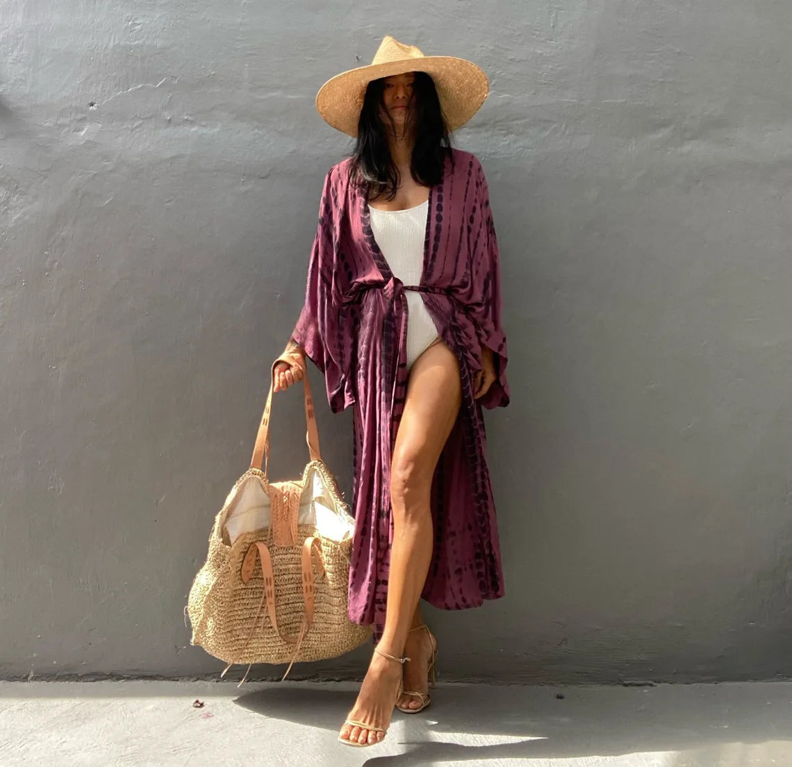 Women's Boho Stripe Tie Dye Swimsuit Cover Up with Belt Tunic Sarong Cardigan Dress Bikini Cover-ups Beach Wear Kimono