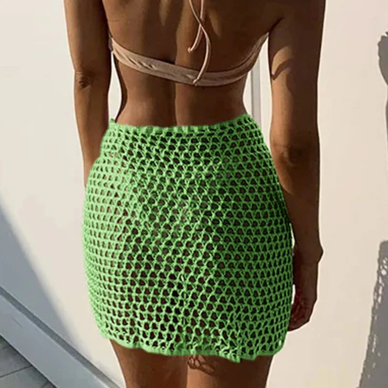2024 Trend Women Knitted Hollow Out Solid Color Skirt Sexy Beach Sunscreen Short Dress Swimsuit Cover-Ups Bonds Sarong Skirt