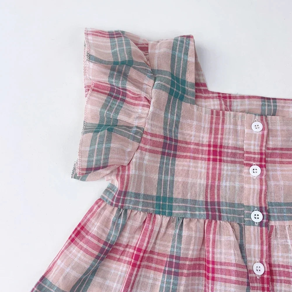 Summer Sweet and Casual 3-10-year-old Girls and Teenagers Pink Suit Square Collar Checkered Top+Wide Leg Pants Two Piece Set