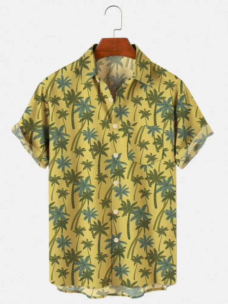 Hawaiian Men's Print Short  Sleeve Shirt Beach Coconut Tree Fashion Lapel Top 2025 New for Men Floral Clothes