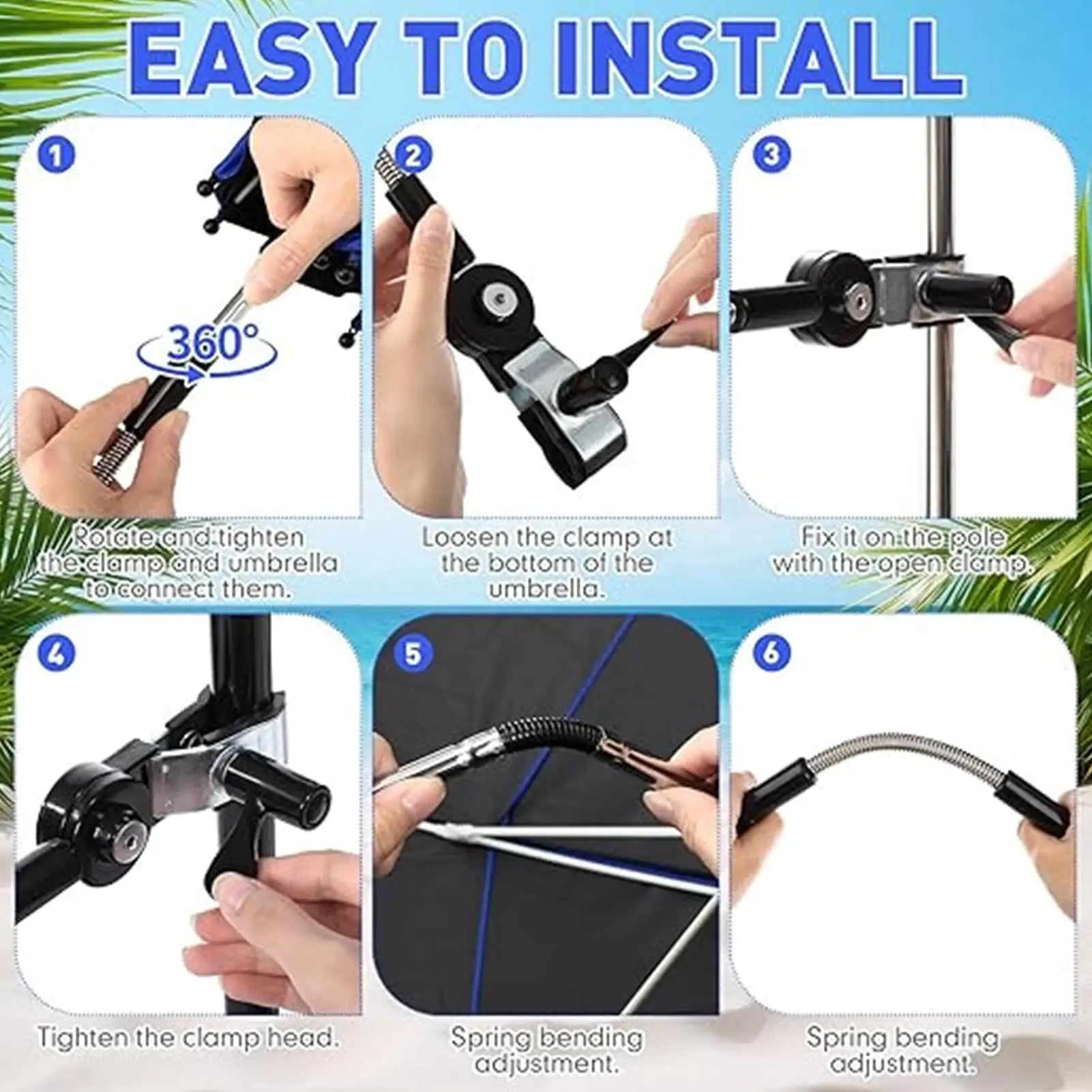 Waterproof Beach Chair Umbrella With Clamp 360 Rotation Fishing Umbrella 23-inch UV-protected Clip Camping Parasol Sun Umbrella