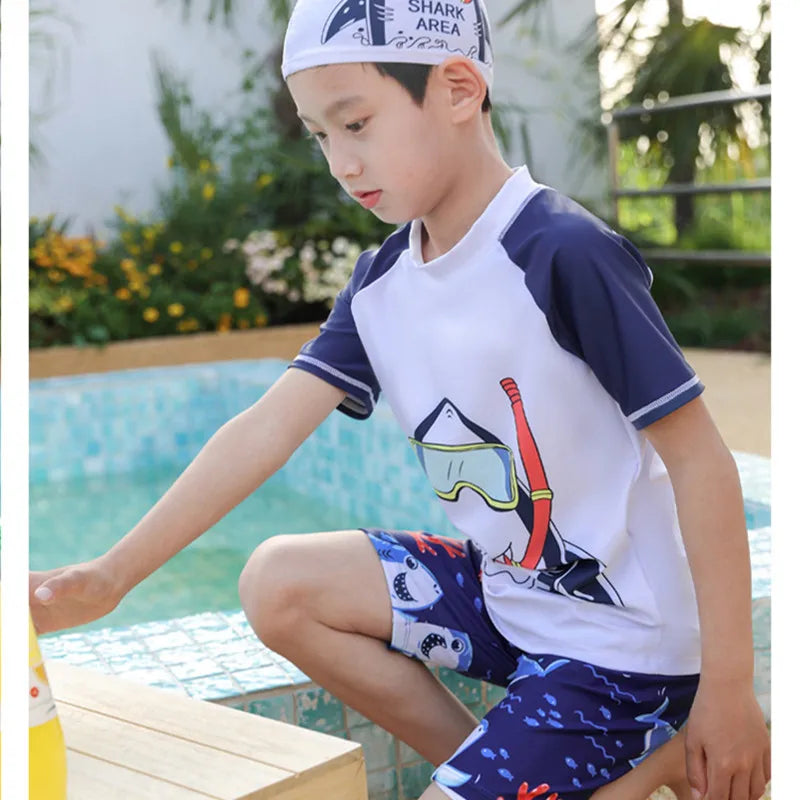 Kids Swimsuit Boys Two Pieces Shark Swimsuit Toddler Rash Guard and Trunk Set with Hat