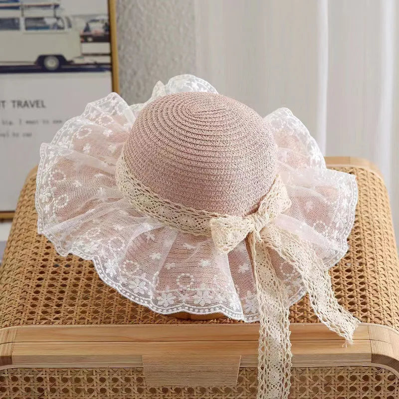 Summer Baby Girl Straw Hat Solid Color Lace Ruffle Kids Fisherman Cap Outdoor Beach Caps Sunshade Wide-brim Bucket Hats