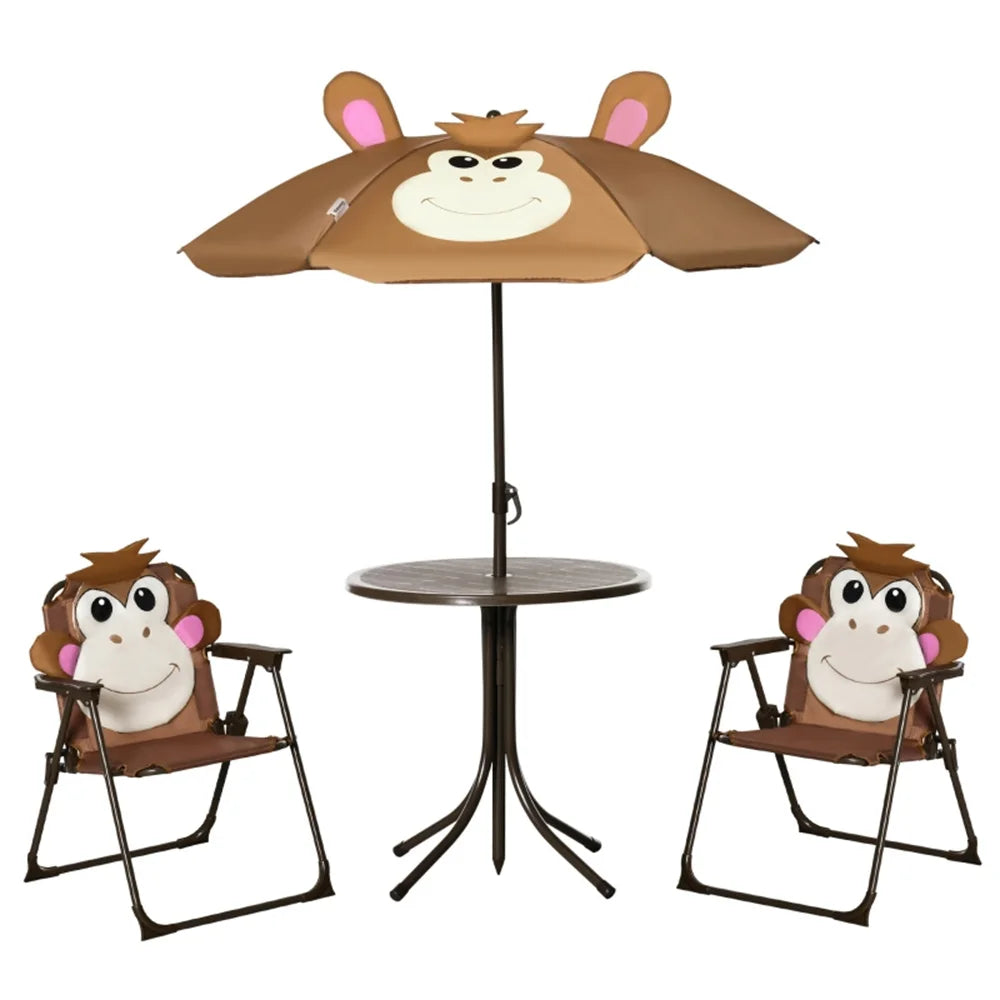 Cute Monkey Kids Patio Table Chair Set with Removable Cartoon Sun Umbrella, Foldable Portable Outdoor Toddler Furniture, 2 Folding Chairs Round Metal Table, Space Saving Kids Play Dining Set for Backyard Garden Lawn Picnic Be