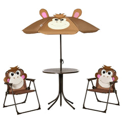 Cute Monkey Kids Patio Table Chair Set with Removable Cartoon Sun Umbrella, Foldable Portable Outdoor Toddler Furniture, 2 Folding Chairs Round Metal Table, Space Saving Kids Play Dining Set for Backyard Garden Lawn Picnic Be