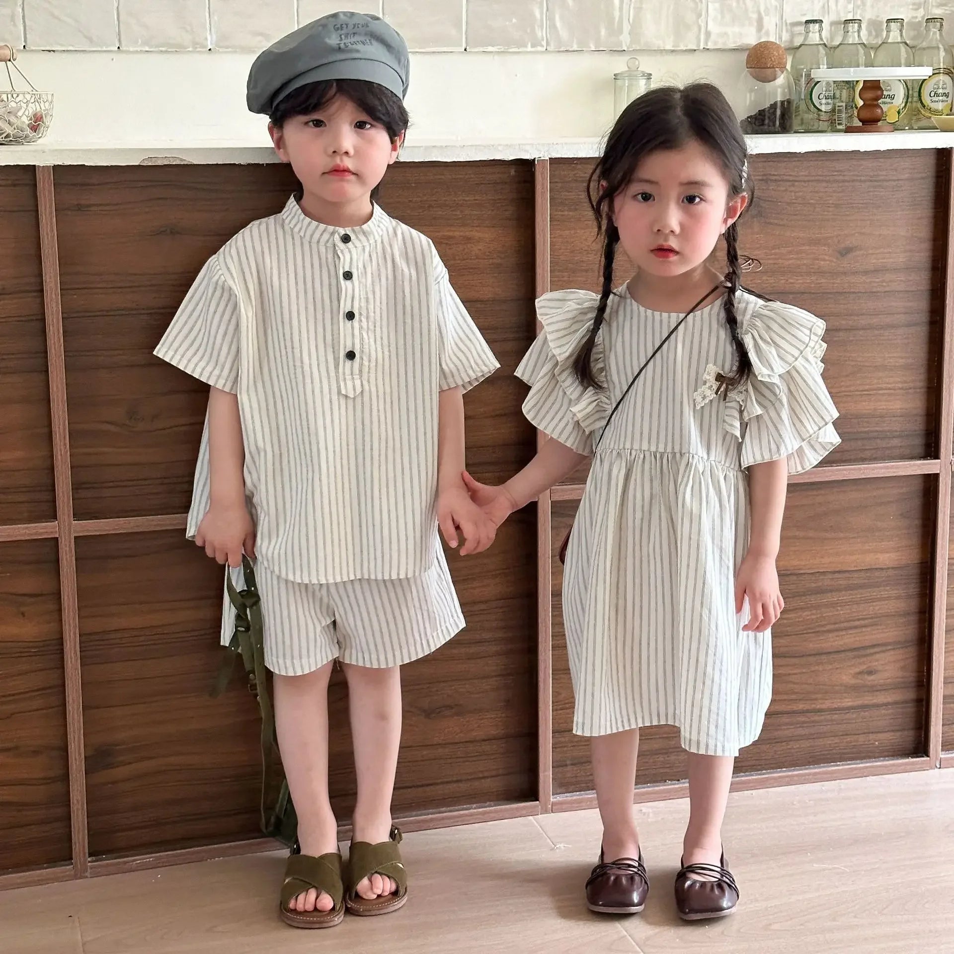 22004 Brother Sister Clothes Summer New Short Sleeve Stripes Baby Boy's Suit Or Cotton Girl Dress