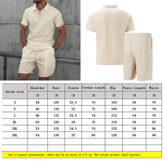 Men Europe and the United States New Summer Waffle Solid Color Zip-Up Lapel Short-Sleeve Suit Shorts Two Sets