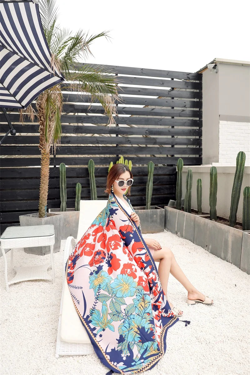 Fashions 90x180cm Twill Cotton Pareo Beach Cover-Ups Women Large Beach Dress Bikini Bathing Swimwear Cover Up Sarong Wrap Scarf