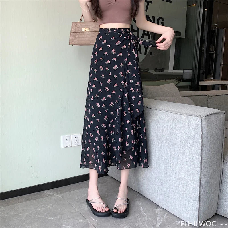 Wrap Up Chic Korea Clothes Women Cute Girls Floral Robe Holiday Beach Date High Waist Retro Vintage One-Piece Lace-Up Skirts