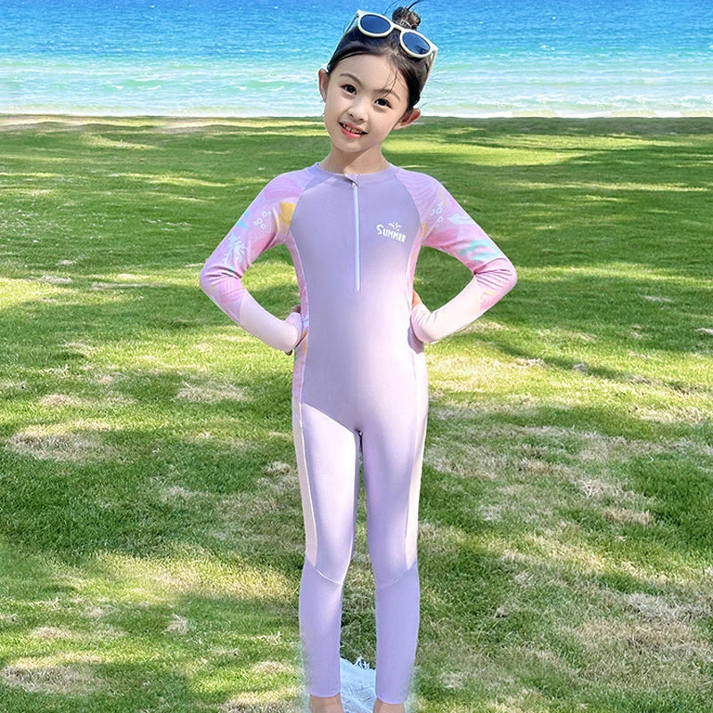 Sun Protection One Piece Girls' Swimsuit Girl Kids Swimming Suits Long Sleeve Childrens Bathing Suit Beachwear Surfing