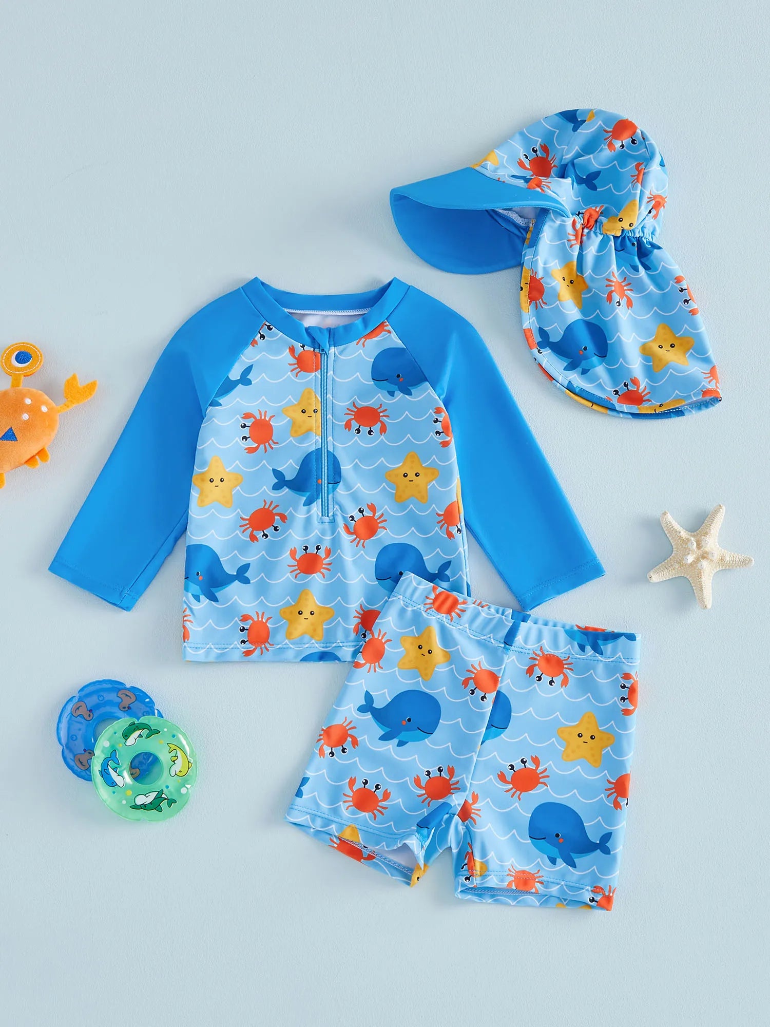 3Pcs Toddler Boy Swimsuit Set Long Sleeve Crew Neck Marine Animal Print Tops Swim Trunks and Hat Rash Guard Bathing Suit
