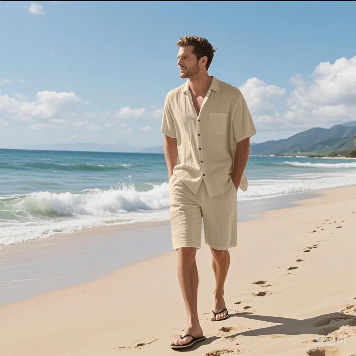 New summer men's retro cotton and linen shirt set, fashionable lapel button beach short-sleeved shirt and shorts two-piece set