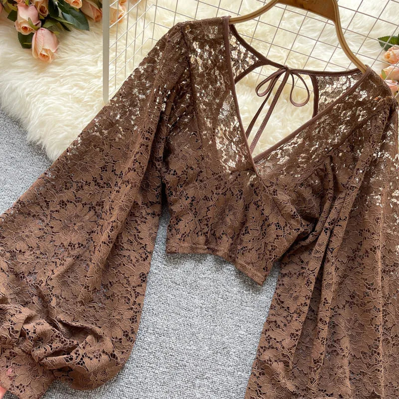 Frenchic Sexy Blusas Mujer Crochet Lace Sheer Women Tops V-neck Lantern Sleeve Backless Lace-up Ladies Elegant Blouse