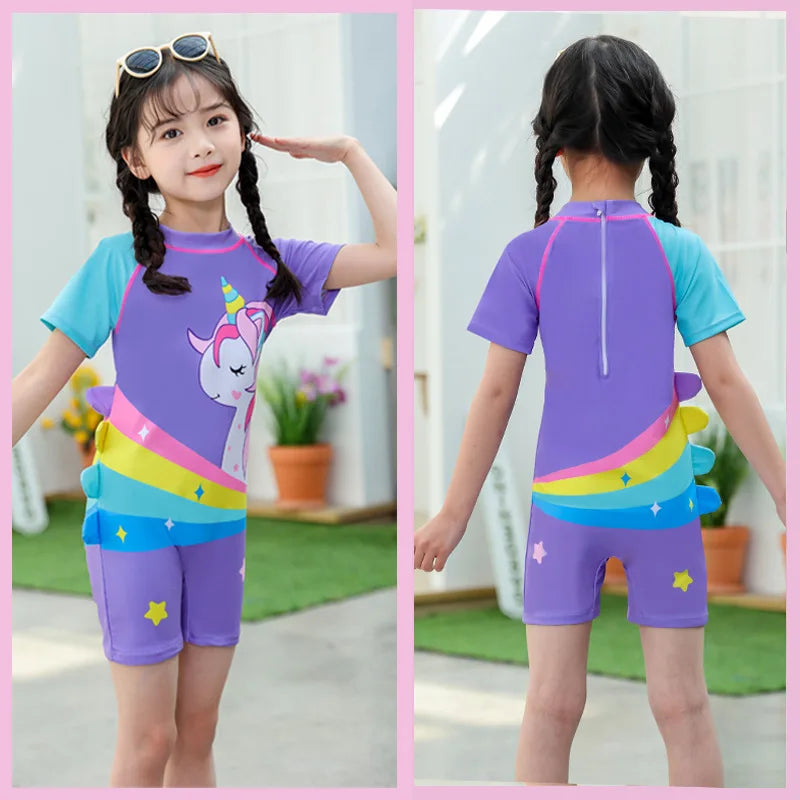 Girls Swimsuits One-Piece Bathing Suits with Hat Summer Beach Water Sport Short Swimsuit with Cartoon Pattern for 2-13 Years Old