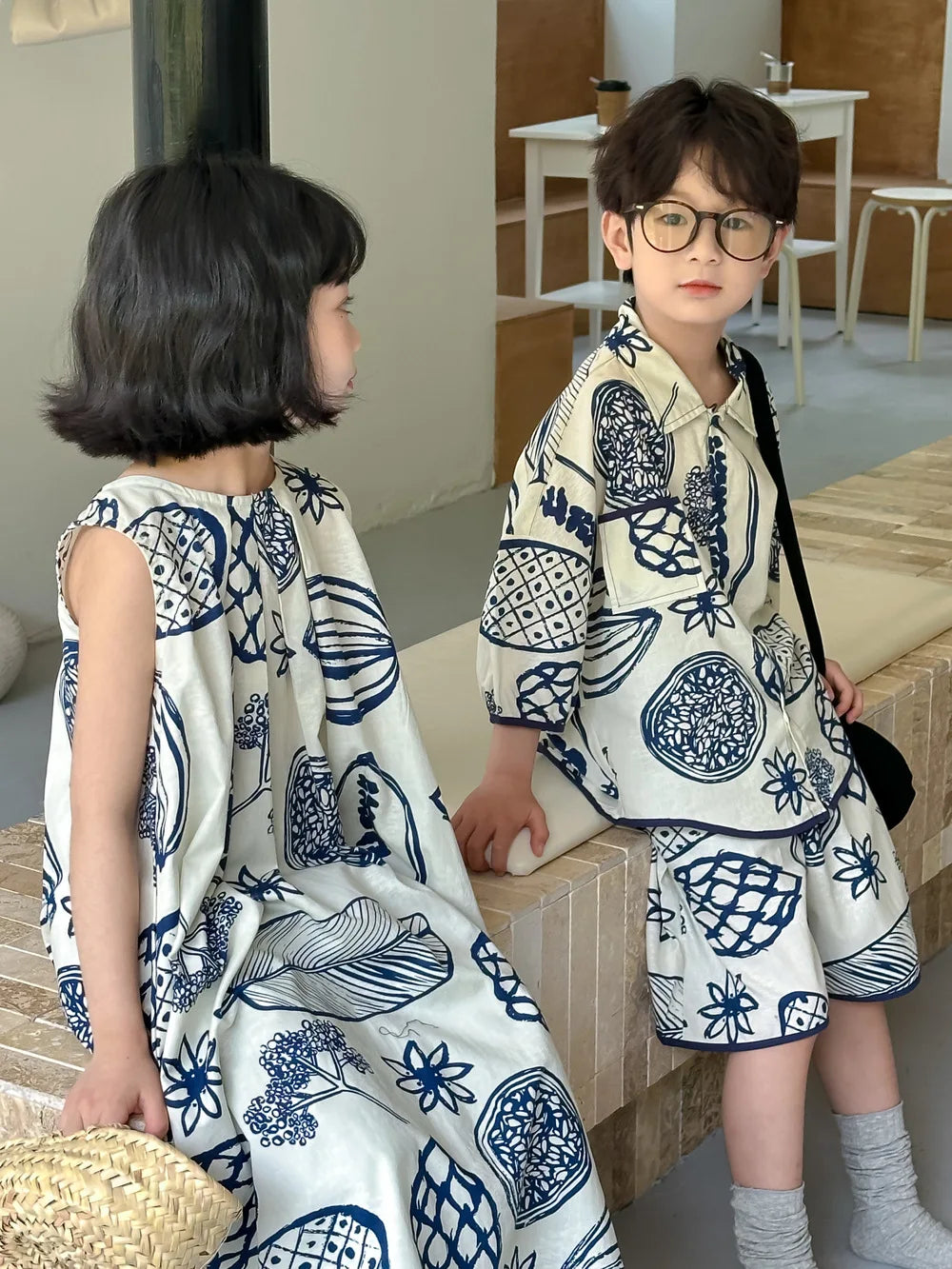 22386-1 Brother Sister Clothes  Boy's Summer Suit Girl's Dress Or Casual Short-sleeved Shirt+Shorts Two-piece Suit