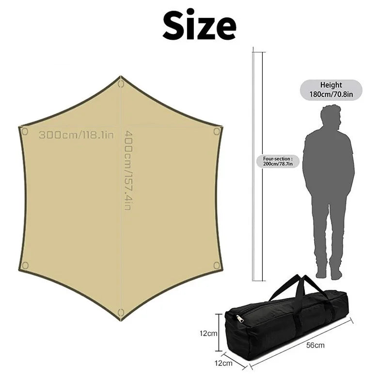Lightweight 3x4M Hexagonal Camping Tarp Waterproof Awning Sun Shelter Outdoor Canopy for Hiking Beach Picnic Travel