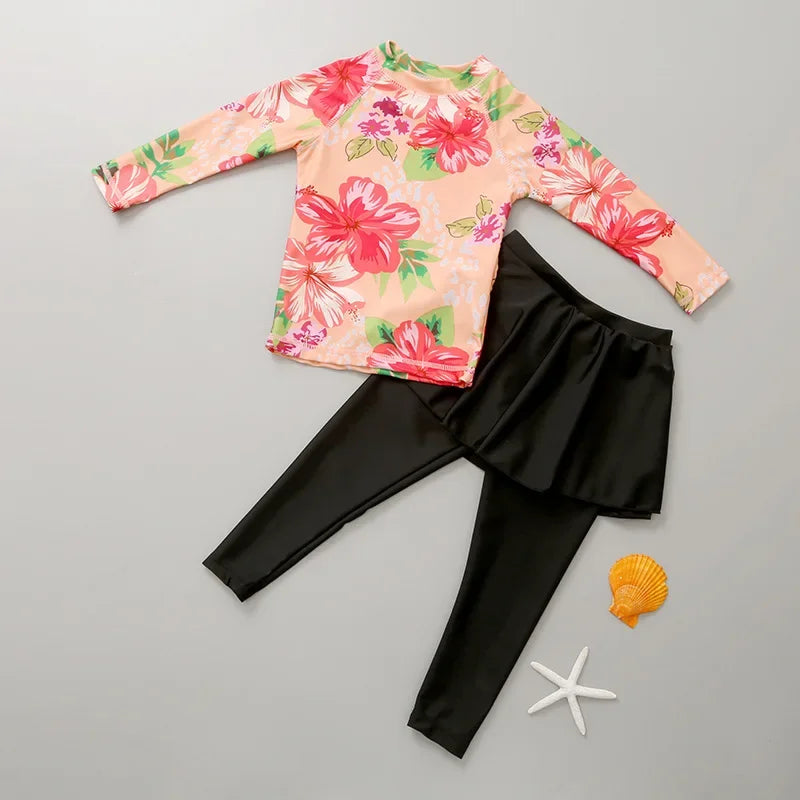 Printing Long Sleeved Girls Swimwear Sun Protection Swimming Suit  Long Pants Skirt Style Quick Drying Bathing Suit 3-11Y