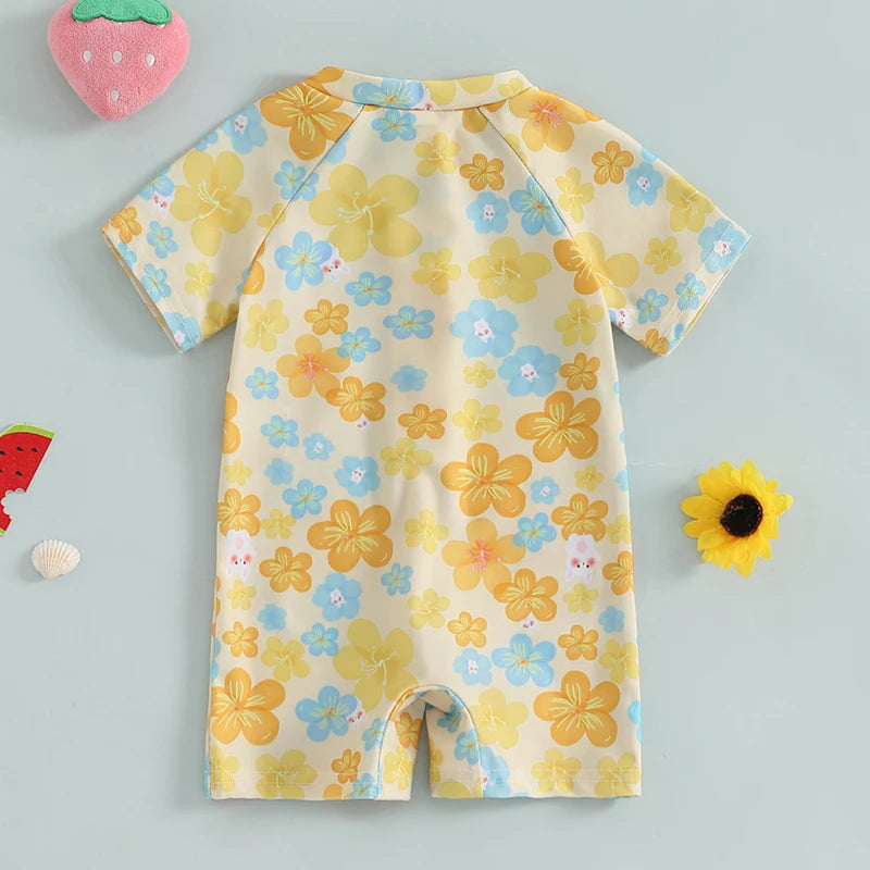 0-3Years Baby Boy Girl Rash Guard Swimsuits Fashion Print Short Sleeve Zip Up Rompers Bathing Suit Toddlers Swimwears Beachwear