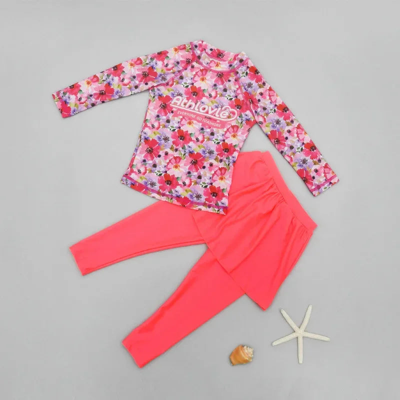 Printing Long Sleeved Girls Swimwear Sun Protection Swimming Suit  Long Pants Skirt Style Quick Drying Bathing Suit 3-11Y